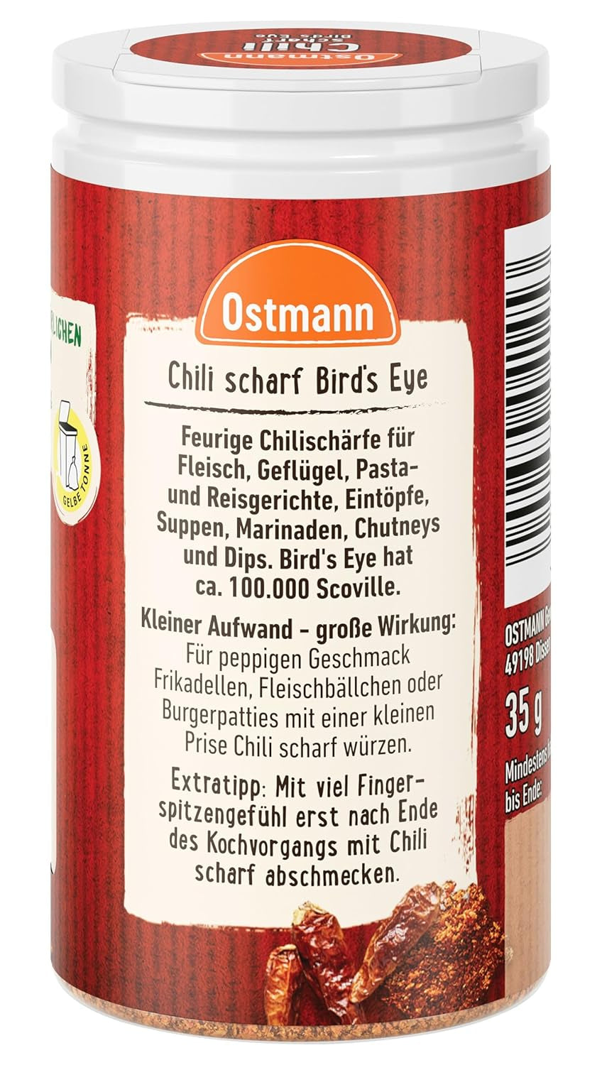 Ostmann Gewürze - Chili scharf Bird's Eye | Féurige Scharfe für Fleischgerichte und Eintöpfe | 35 g in der Streudose