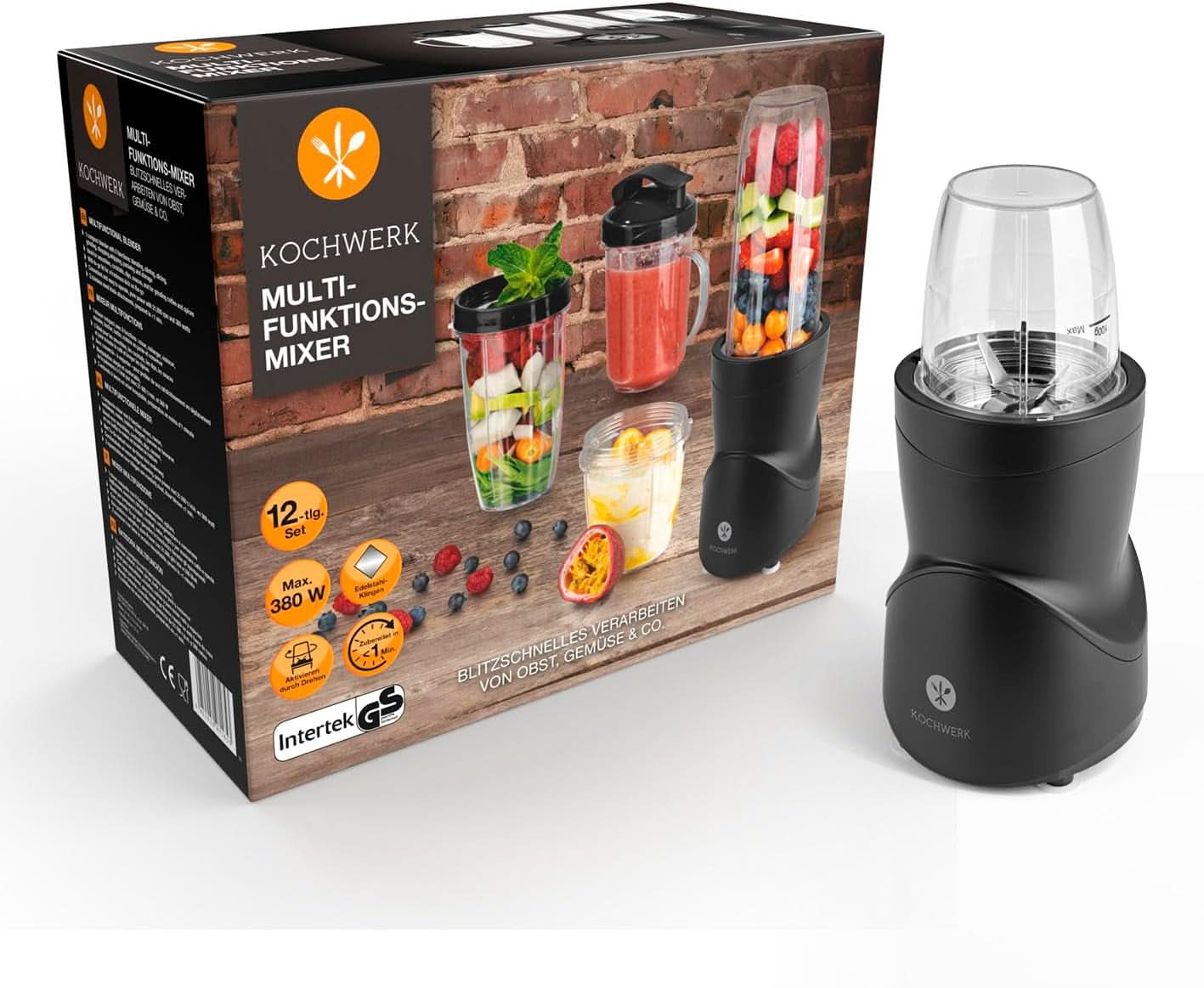 Smoothie Maker 12-Tlg | To-Go Deckel & 4 Mixbehälter | Für Obst, Gemüse & Nüsse | Myth Ice-Crush-Funktion | Mini-Standmixer Zum Mixen, Rühren, Zerkleinern, Mahlen, Hacken & Pürieren | BPA-freie Küche Naty Shop