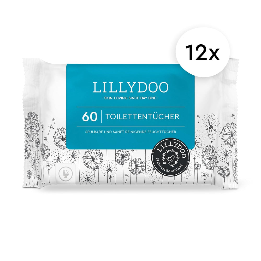 LILLYDOO Toiletten-Feuchttücher, 720 Stück (12 x 60), 100 % plastikfreie, spülbare Tücher, parfümfrei