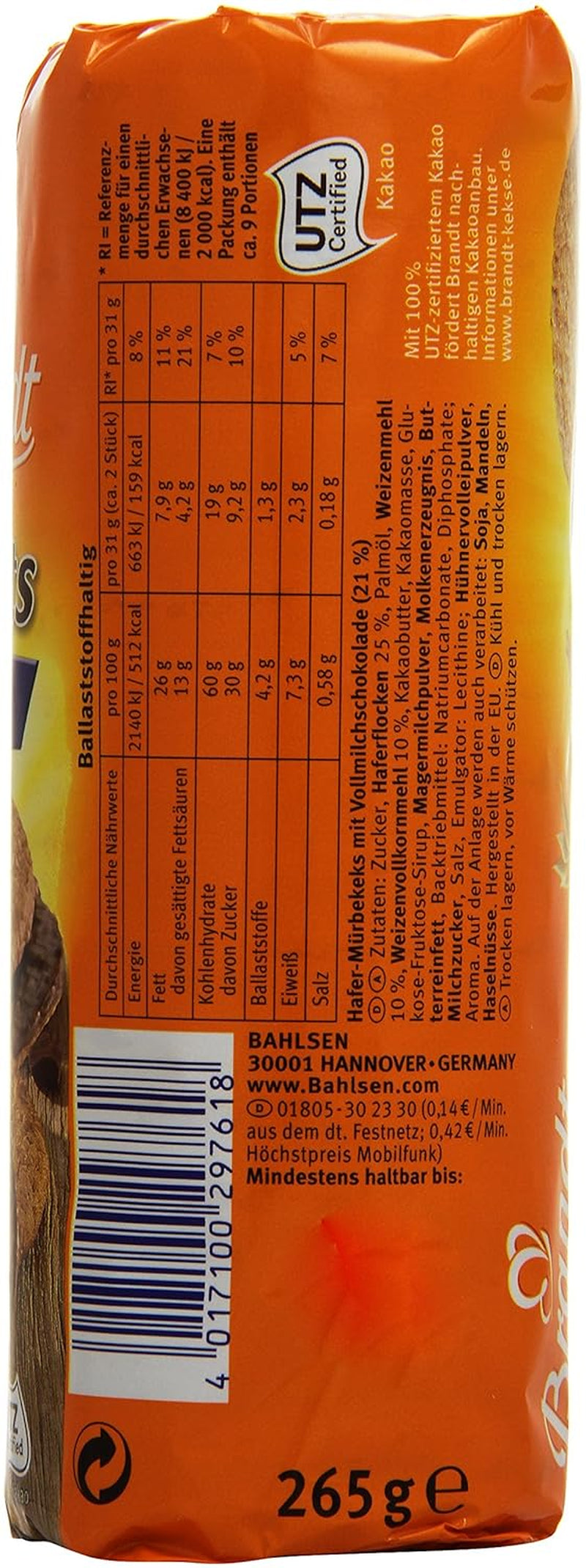 Brandt Hobbits Chocolate, pachet de 265 g - Biscuiți crocanți din cereale integrale cu fulgi de ovăz și ciocolată - Aluat crocant pentru întreaga familie - într-o ruladă practică de biscuiți