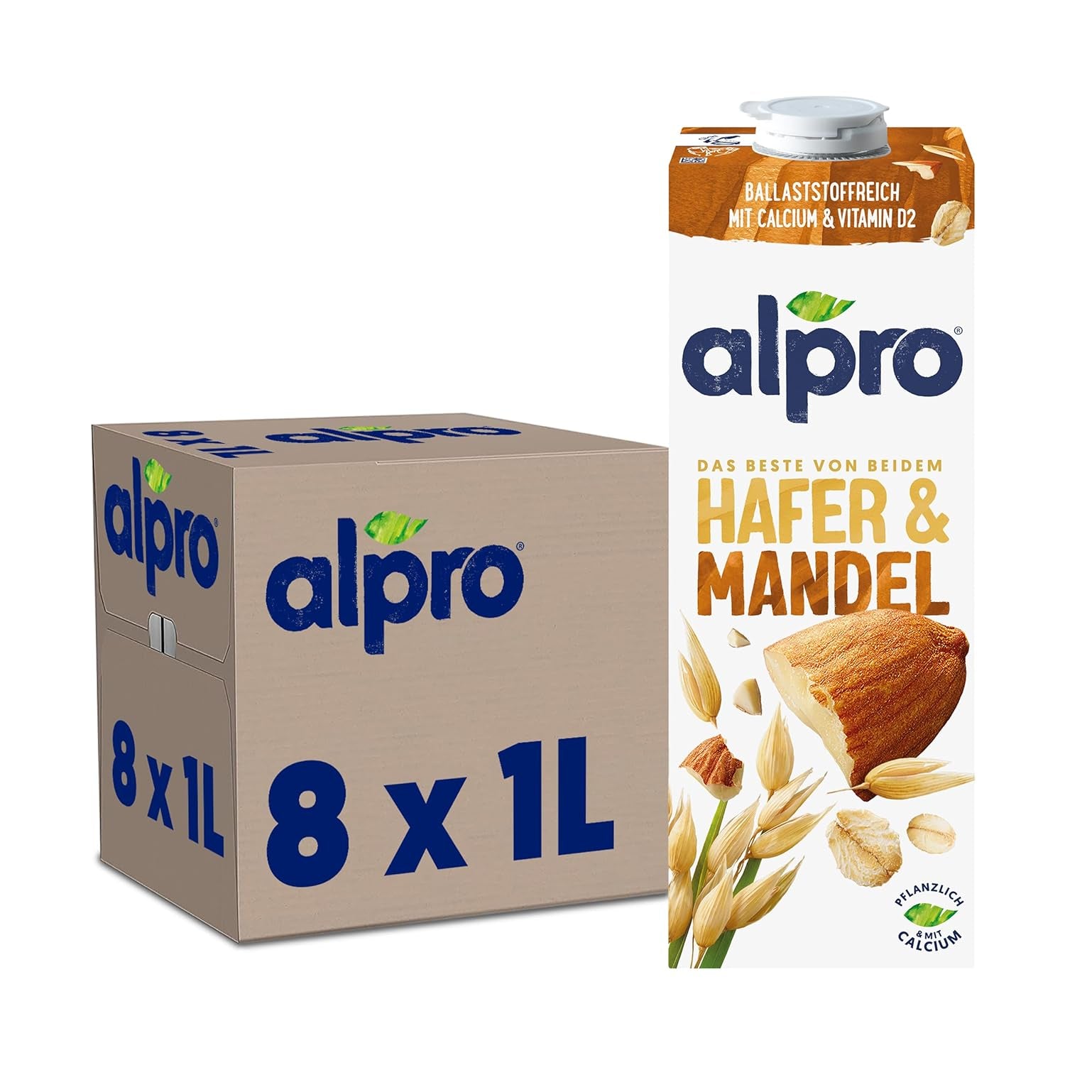 Alpro Haferdrink ohne Zucker – Milchalternative auf Haferbasis – Vegan und laktosefrei – Reich an Ballaststoffen, Kalzium und Vitaminen – 8 x 1 L
