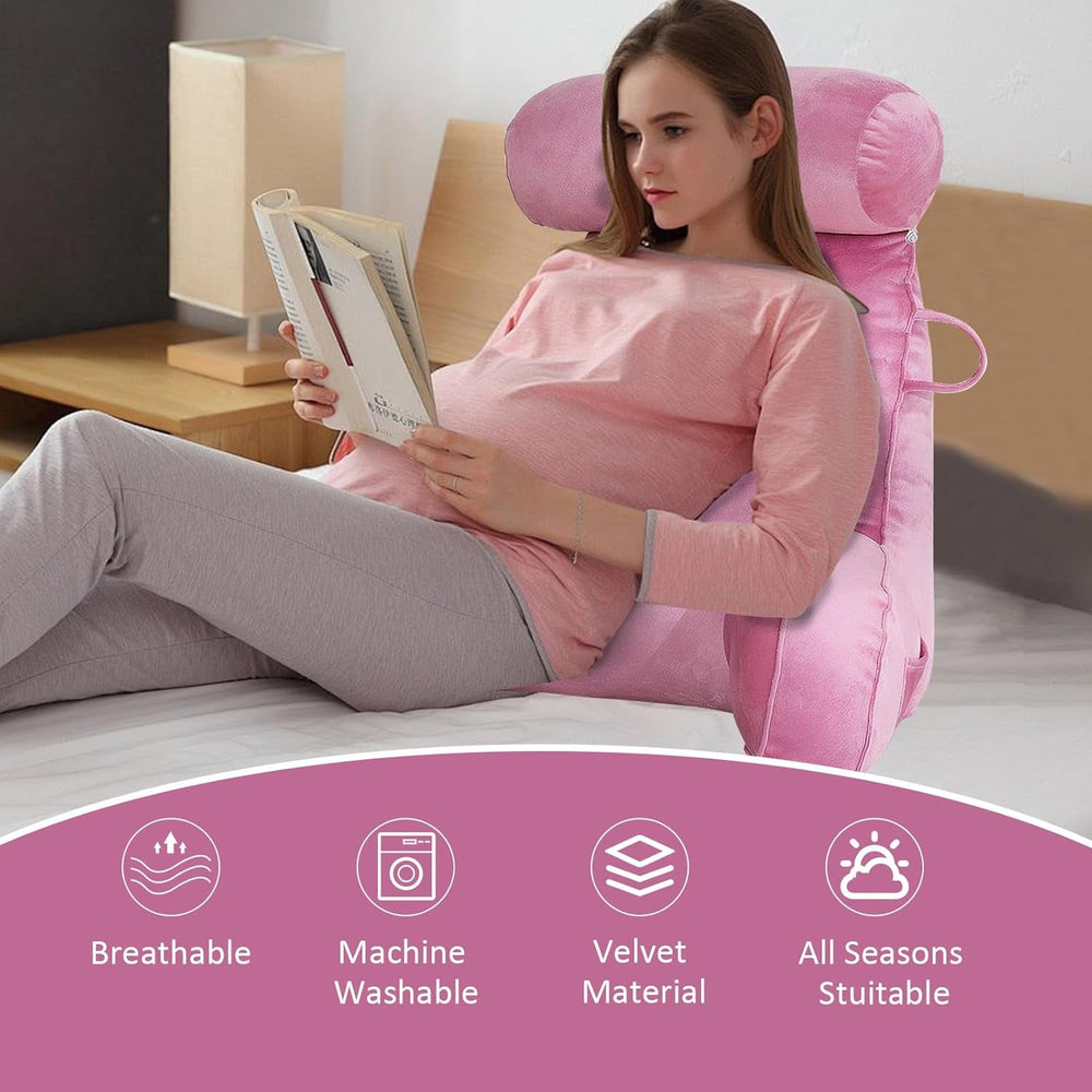 Pernă de citit XL pentru pat și canapea cu rolă detașabilă pentru gât, pernă ideală pentru spate pentru adulți cu spumă cu memorie pentru citit confortabil, lucru, joacă, vizionat la televizor, relaxare (roz)