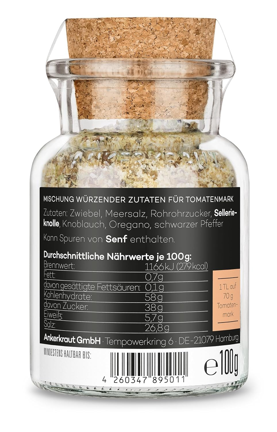 Ankerkraut Tomatensaucen, für Pasta, Spaghetti, Tortellini und Klassiker aus Italien, Lecker zu Hause Cochen, Mischung würzender Zutat für Tomatenmark, 100 g im Korkglas