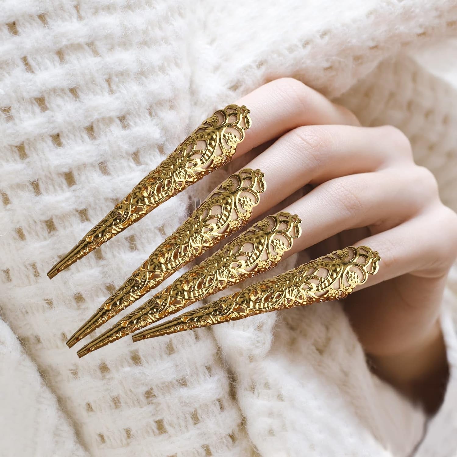 Mwoot 10 bucăți Halloween unghii false aurii unghii false antice regina costum cosplay deget unghii vârful inelelor deget unghii vârful ghearelor inele pentru unghii gheare inele pentru unghii pentru femei