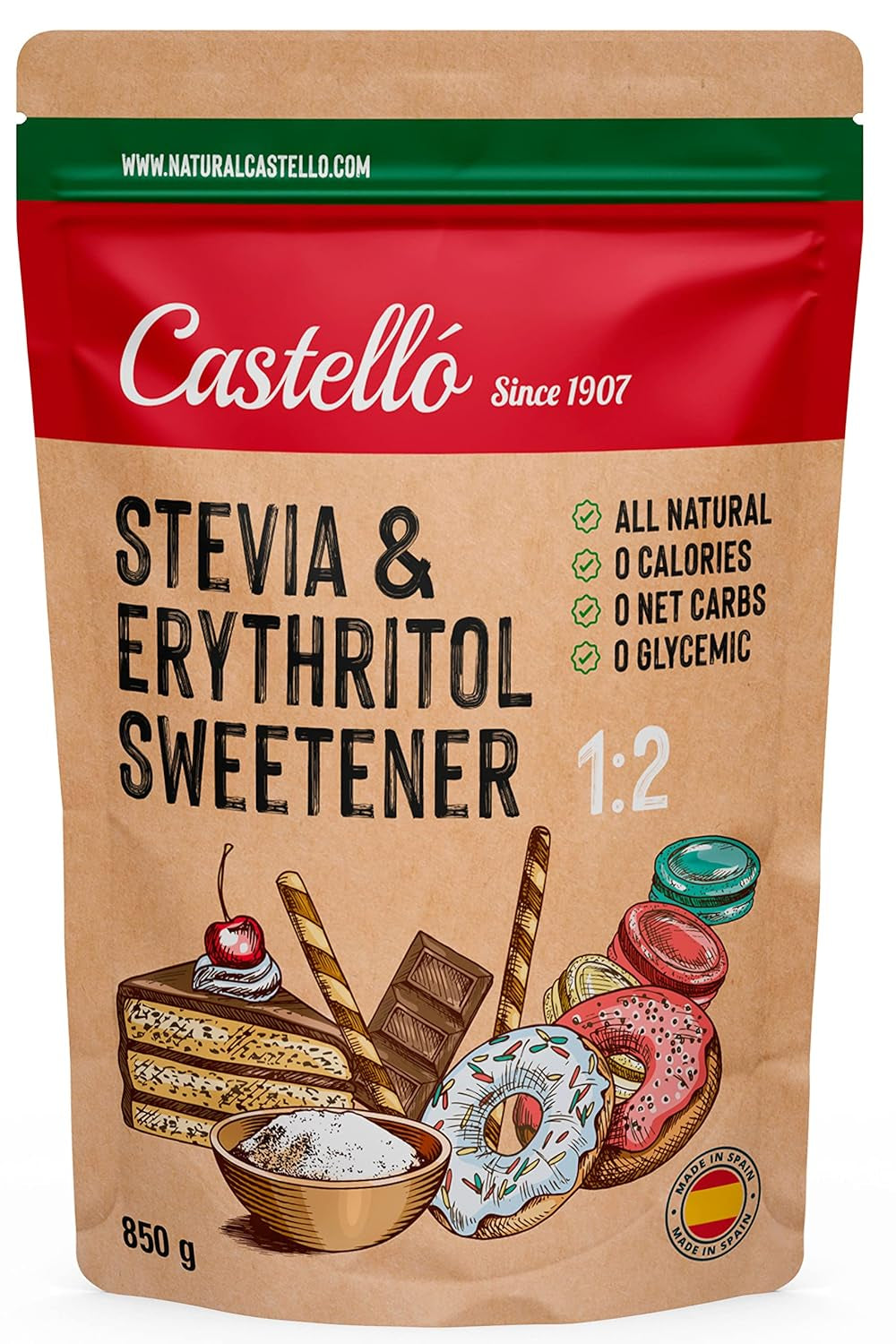 Stevia + Erythritol 1:2 Süßstoff | 1G = 2G Zucker | 100% Natürlicher Zuckerersatz - 0 Kalorien - 0 Glykämischer Index - Keto Und Paleo - 0 Netto-Kohlenhydrate - Kein GVO - Castello seit 1907 - 850 G Süßstoffe Naty Shop Standardtitel