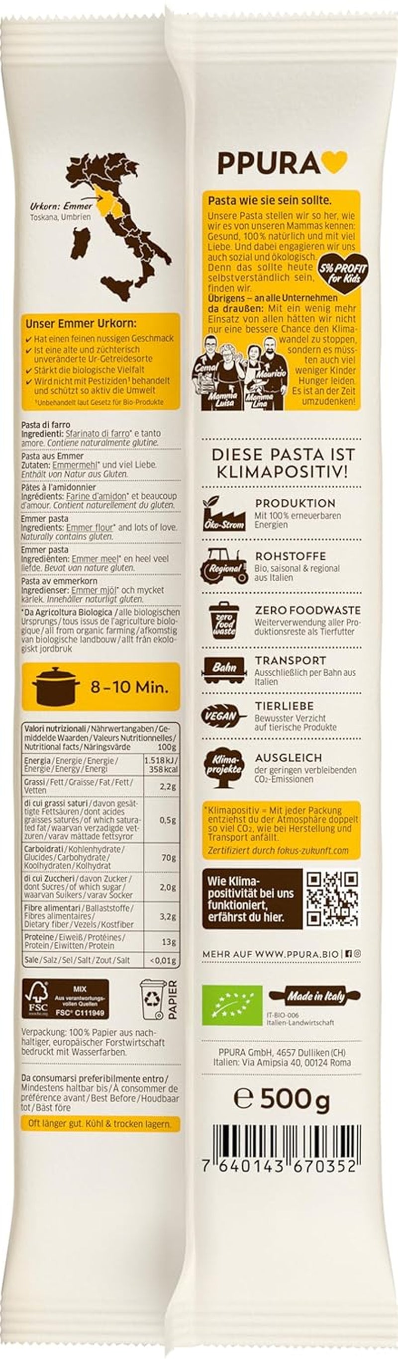 PPURA Bio-Spaghetti-Nudeln mit Emmer 500 g, 100 % natürliche Emmer-Spaghetti, hergestellt in Italien – italienische Pasta ohne Zusatz-, Farb- oder Konservierungsstoffe