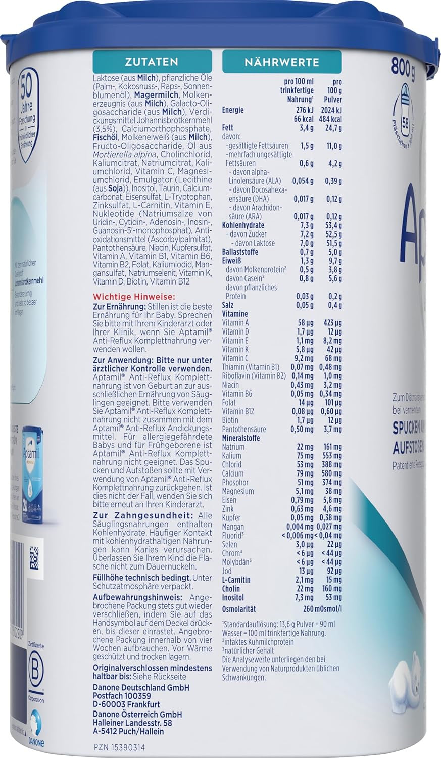 Aptamil Anti-Reflux – Komplette Formel von Geburt an, diätetische Behandlung, Erbrechen und Aufstoßen, Babynahrung, Milchpulver, 1 x 800 g