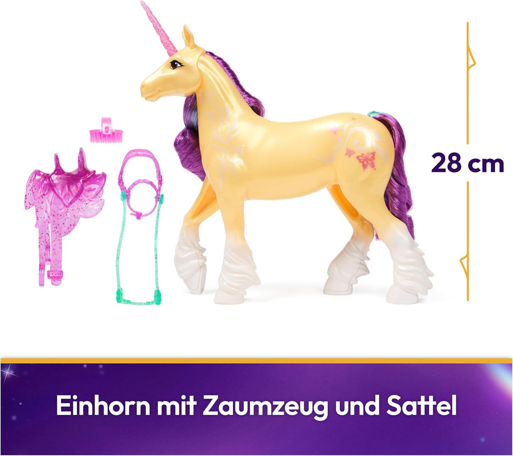 Frunză de Unicorn Unicorn Academy - 28 cm înălțime, unicorn original de Ava din serialul Netflix, cu coamă și coadă reale, frâu și șa detașabile și perie, pentru copii cu vârsta de 4 ani și peste