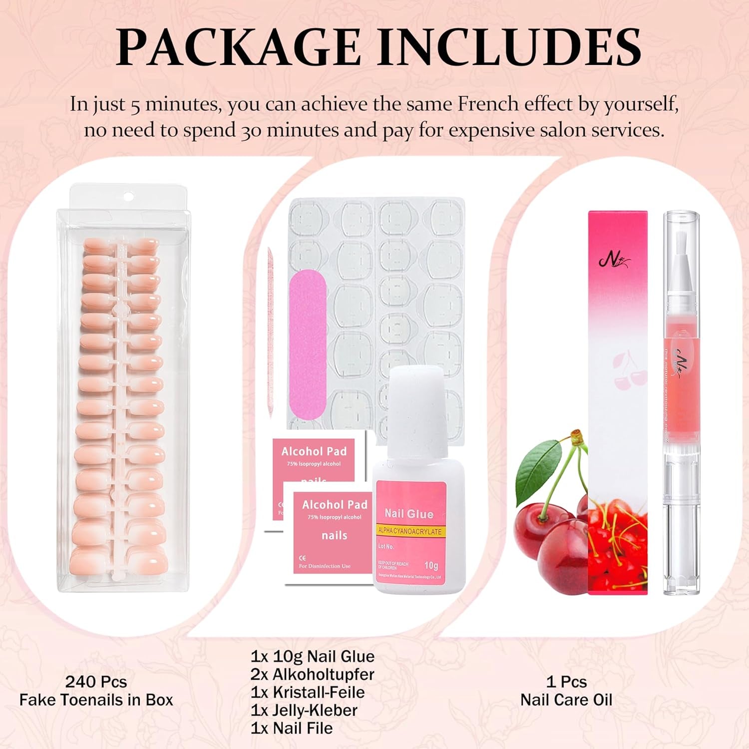 Set 240 de bucăți de unghii pătrate cu gradient, unghii artificiale alb nud cu gradient pentru lipire cu stilou cu ulei, unghii false naturale medii ombre pentru femei DIY (Nude Square)