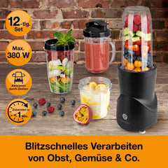 Smoothie Maker 12-Tlg | To-Go Deckel & 4 Mixbehälter | Für Obst, Gemüse & Nüsse | Myth Ice-Crush-Funktion | Mini-Standmixer Zum Mixen, Rühren, Zerkleinern, Mahlen, Hacken & Pürieren | BPA-freie Küche Naty Shop