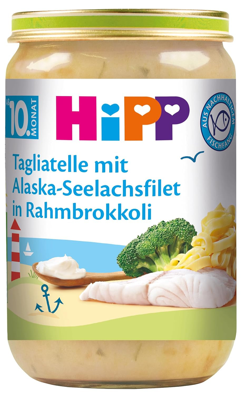 Tagliatelle HiPP mit Alaska-Seelachsfilets in cremigem Brokkoli (6 x 220g), Menü für Babys ab 10 Monaten, ohne Salzzusatz, mit Omega-3, mit feinen Stückchen – zum Kauenlernen