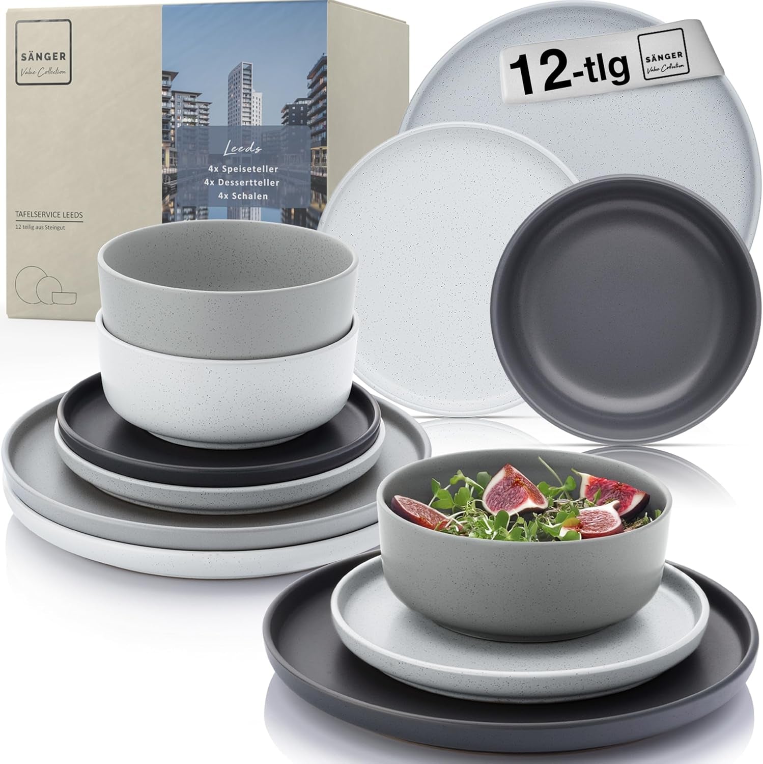 SÄNGER Leeds | Set de veselă din gresie, format din 12 piese, set de farfurii pentru 4 persoane, set de farfurii pentru cină (4 farfurii de cină, 4 farfurii de desert, 4 boluri), veselă colorată, rezistentă la zgârieturi | COLECȚIA VALUE