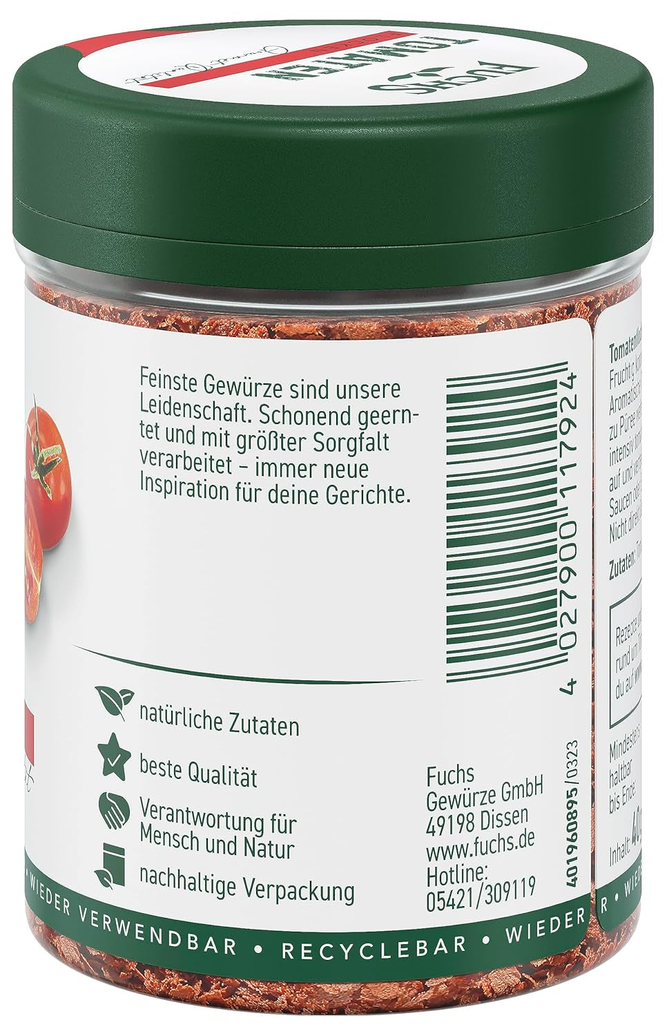 Fuchs Gewürze - Tomaten Flocken - Gewürz für Ofenfeta oder tomatigen Geschmack in Saucen - natürliche Zutaten - 40 g in wiederverwendbarer, recyclebarer Dose
