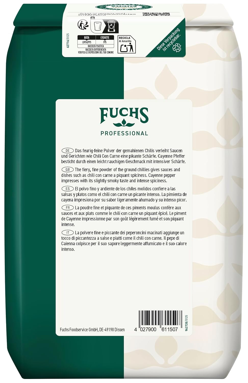 Fuchs Professional - Cayenne Pfeffer gemahlen | Scharfes Gewürz für Chili con Carne | Profi-Qualität für Großverbraucher und Gastronomie | 1 kg im recycelbaren Beutel