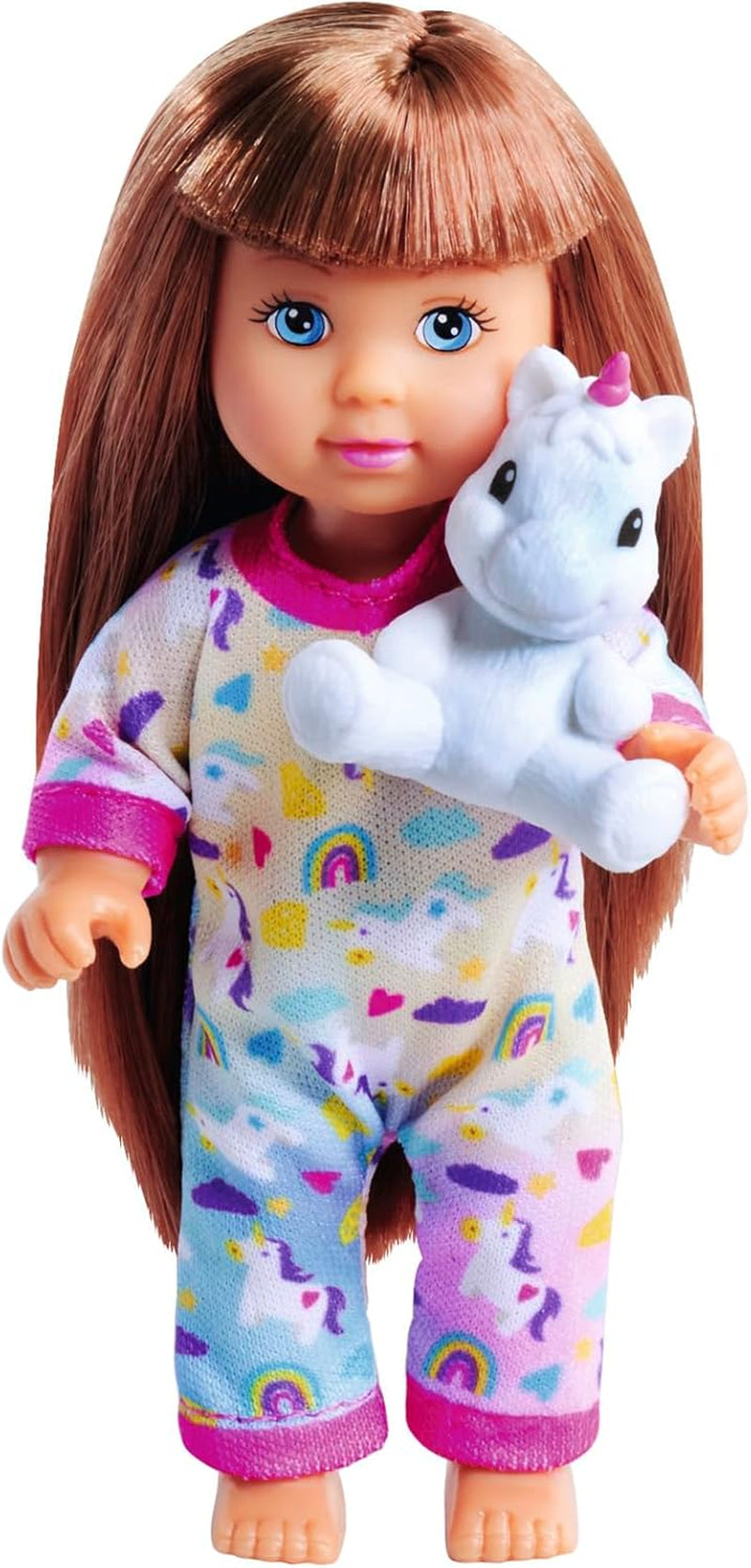 Pijama Simba Evi Love, 3 culori asortate, livrat doar un articol, păpușă în pijama drăguță cu jucărie de pluș unicorn, păpușă de joacă 12 cm, vârste 3+