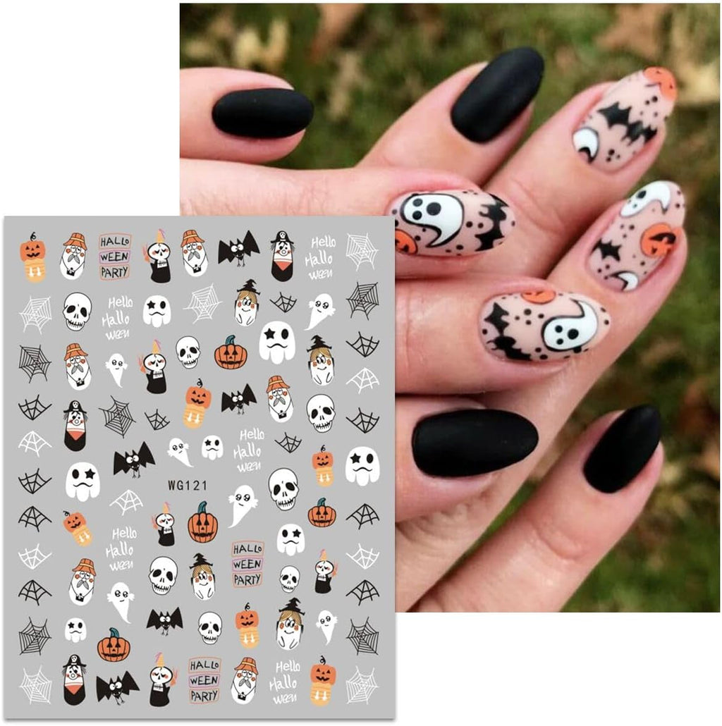 JMEOWIO Nagelsticker Halloween 8 Blatt Nail Art Sticker Selbstklebend Nagelaufkleber Totenkopf Horror Geist Hexe Spinnennetz Fledermaus Kürbis Spukdekoration Nageldesign Zubehör