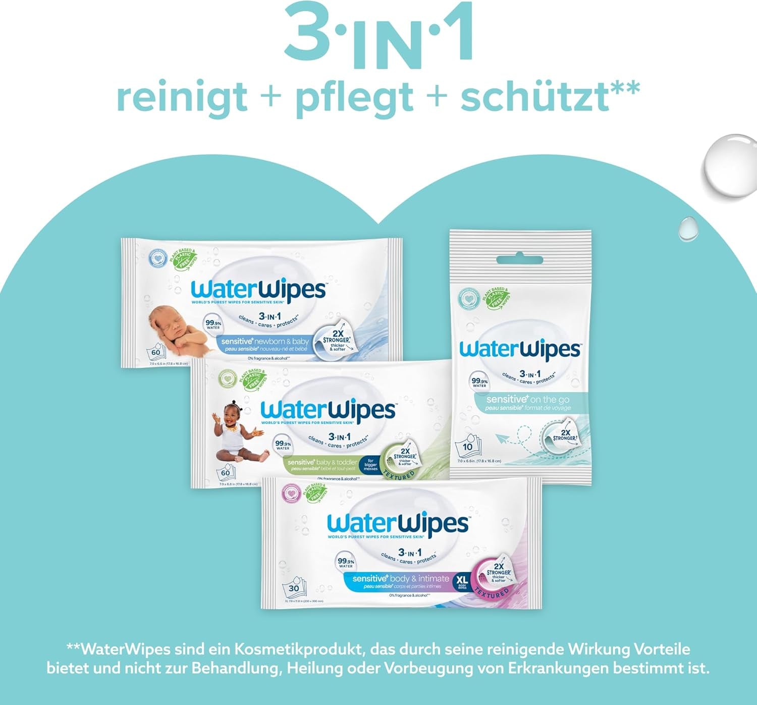 WaterWipes Sensitive+ Feuchttücher für unterwegs, 100 Tücher (10er-Pack), 3-in-1 reinigt, pflegt, schützt, 99,9 % Wasser, parfümfreie Tücher