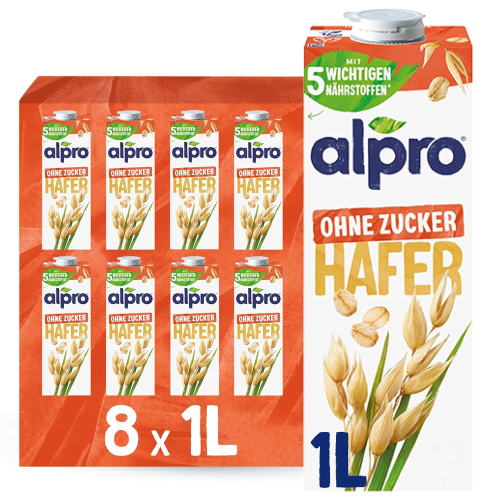 Alpro Haferdrink ohne Zucker – Milchalternative auf Haferbasis – Vegan und laktosefrei – Reich an Ballaststoffen, Kalzium und Vitaminen – 8 x 1 L