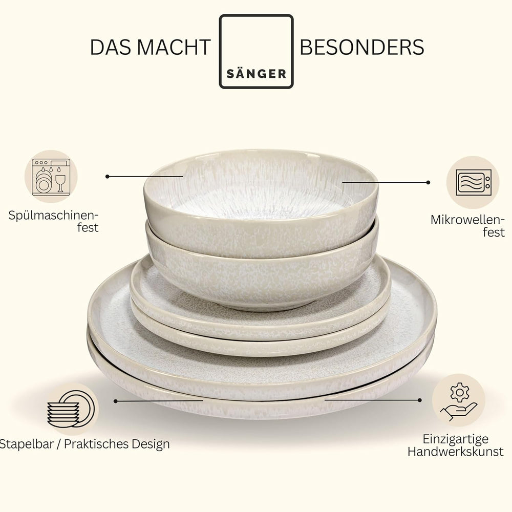 SÄNGER | Set de veselă Corfu cu 24 de piese, serviciu de cină pentru 8 persoane, ceramică lucrată manual, set de farfurii care include farfurii de cină, farfurii de desert și farfurii de sumă, veselă de culoare crem cu textură nisipoasă