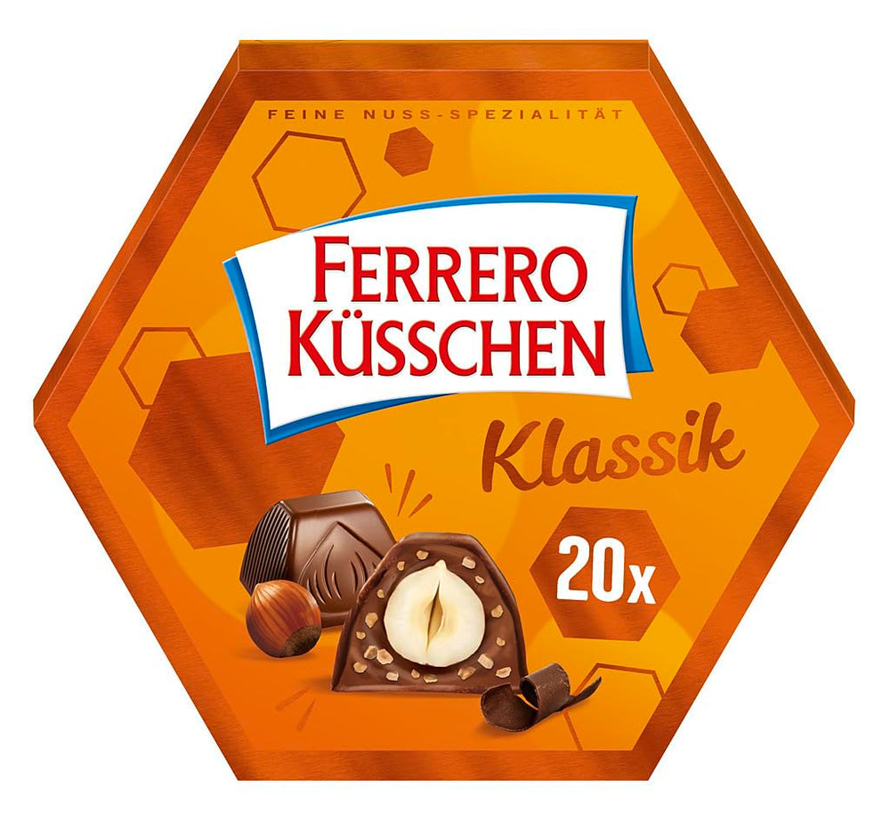 Ferrero Küsschen White Crispy – Valentinstagsgeschenk für Sie und Ihn – Knusprig geröstete Haselnüsse in heller Creme mit knusprigen Chips, umhüllt von weißer Schokolade, 1 Packung mit 20 einzelnen Pralinen