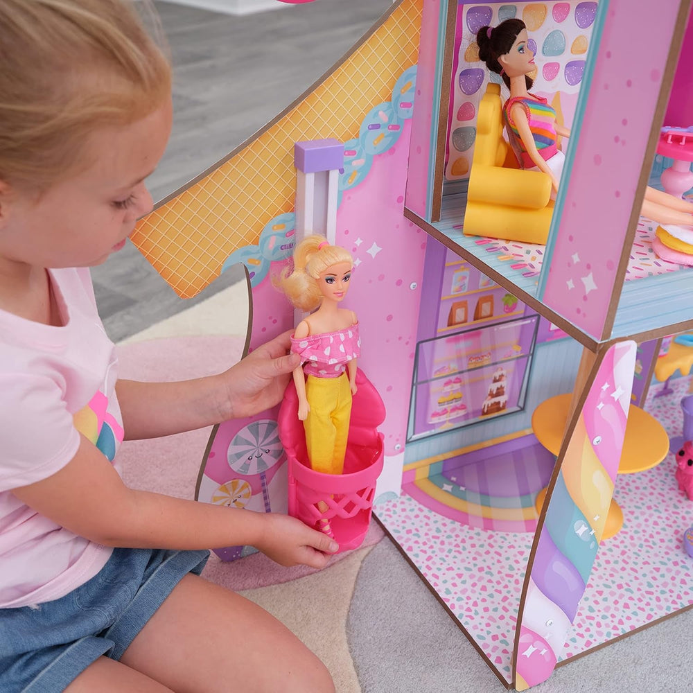 KidKraft Casă de păpuși din lemn, Castel cu bomboane, cu mobilier și accesorii, Casă cu figurină lamă unicorn, lift cornet de înghețată și scaun ursuleț gumat pentru păpuși, Jucărie pentru copii de la 3 ani în sus, 20242