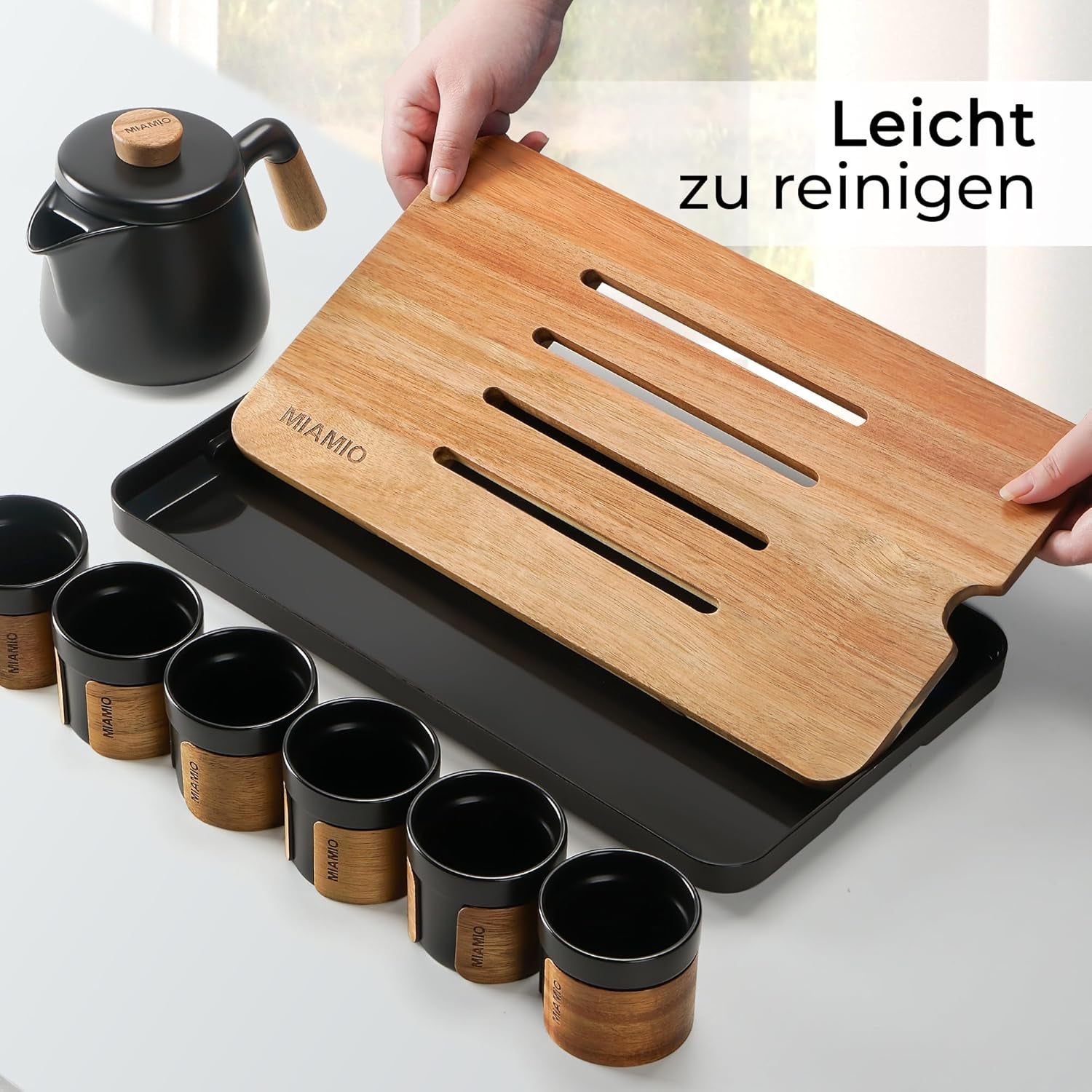 MIAMIO - Set de ceai japonez/chinezesc 6 x 100 ml / Ceainic asiatic 620 ml cu infuzor de ceai, Set tradițional japonez de ceainic pentru iubitorii de ceai/bărbați/femei (negru)