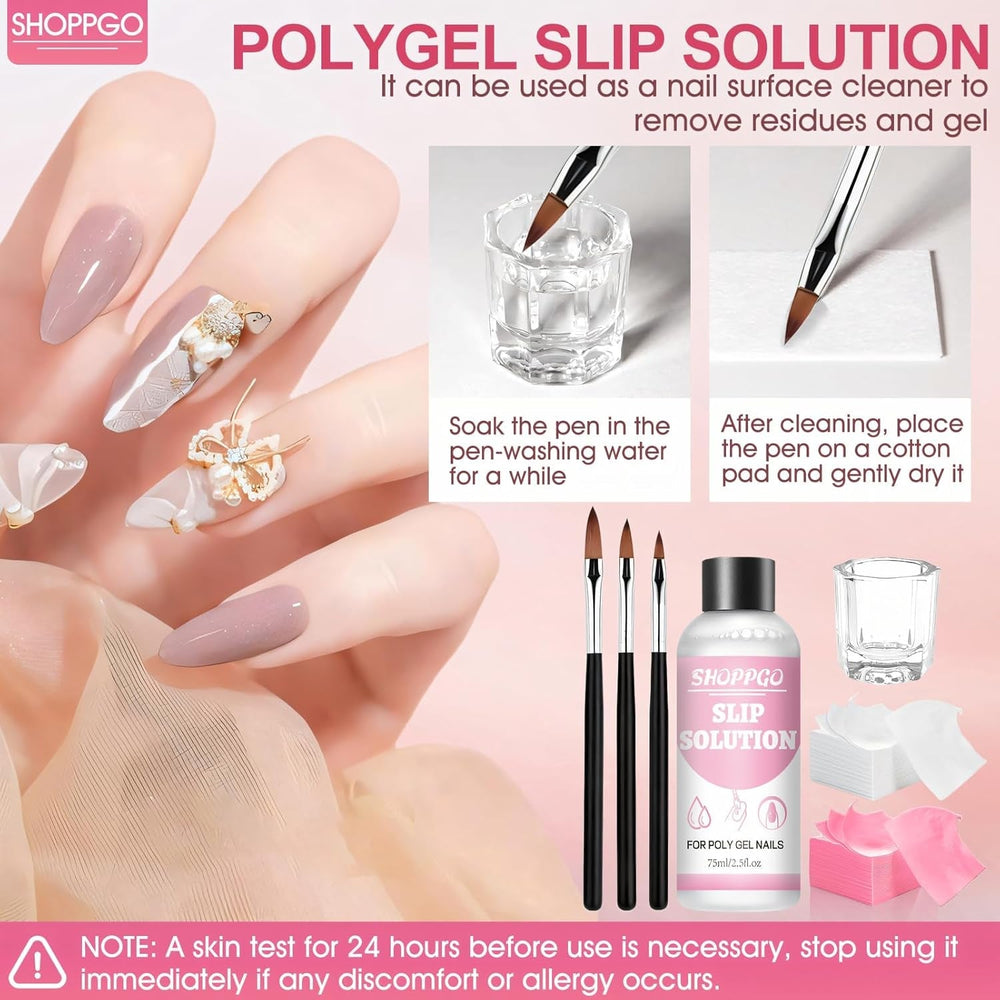 Soluție de îndreptare Polygel, Kit pentru unghii Polygel Slip Solution, Soluție de îndreptare 75 ml, Include 5 cleme pentru vârfuri de unghii, 3 perii de unghii, 1 cupă de cristal, 100 foi de curățare