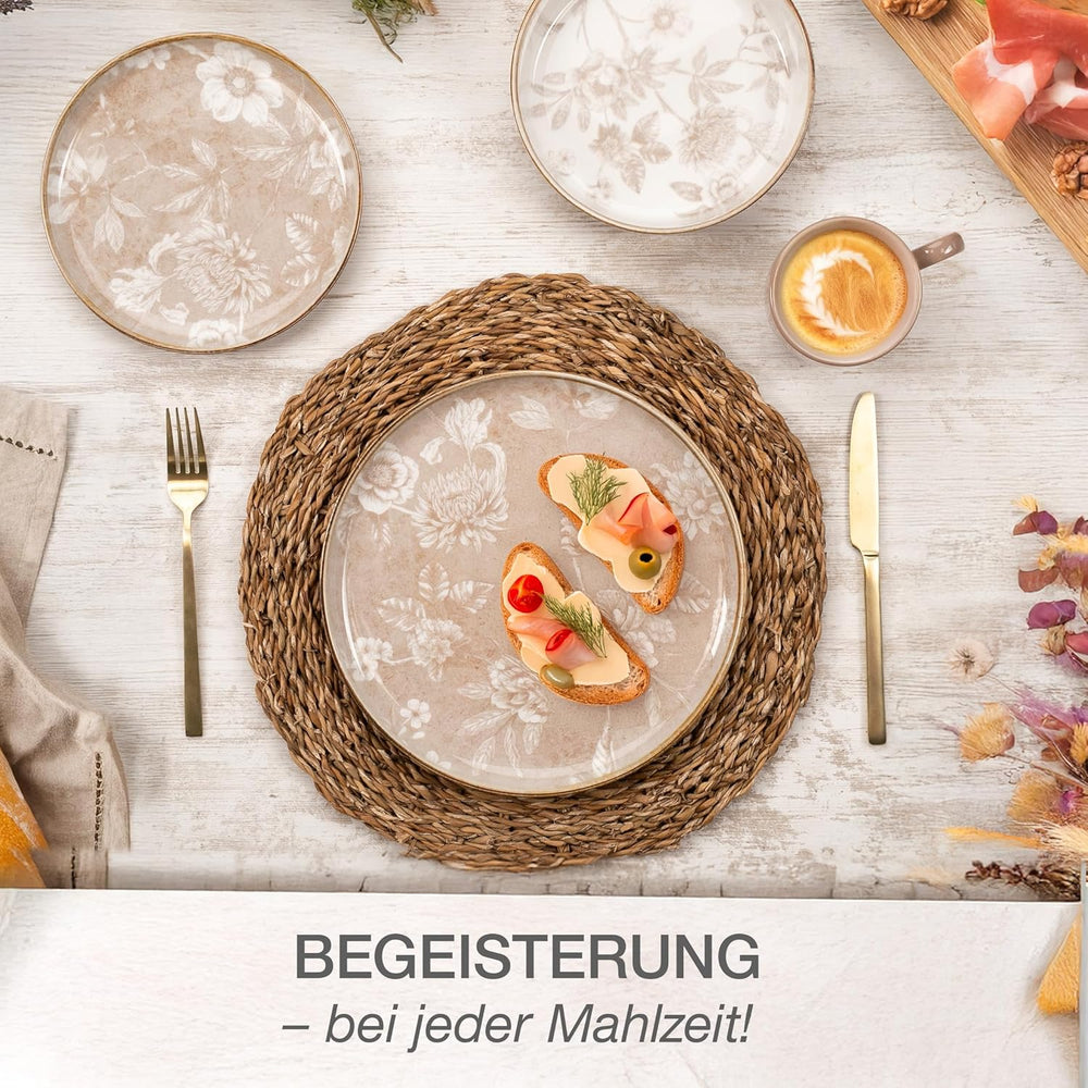 Set de veselă din gresie Moritz & Moritz MARIELLA pentru 6 persoane, 24 de piese - Veselă modernă bej cu un design jucăuș, serviciu de cafea ușor de întreținut cu farfurii, boluri și cești - Set combinat