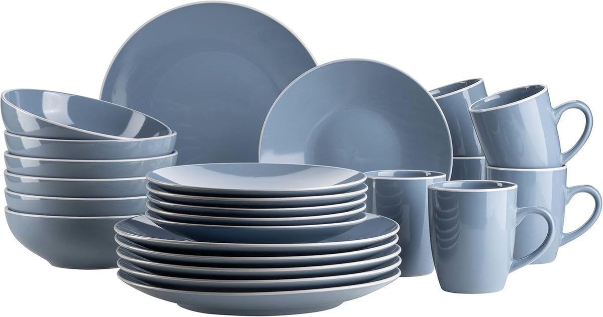MÄSER 931844 Set de veselă modernă din seria Elissa pentru 6 persoane, albastru cu margine albă, set combinat cu 24 de piese, ceramică