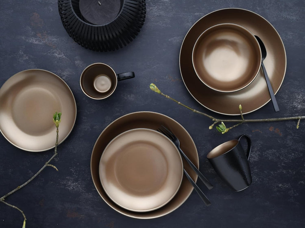 CreaTable, 23598, seria GLAMOUR - Gold, set de veselă cu 16 piese, serviciu combinat din gresie, potrivit pentru mașina de spălat vase și cuptorul cu microunde, producție de calitate