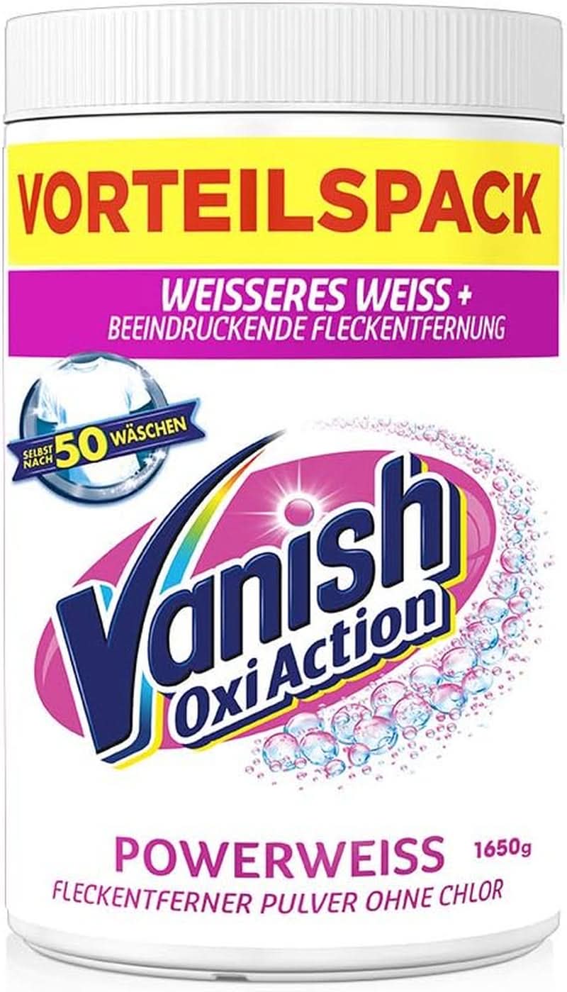 Vanish Oxi Action Powerwhite Pulver – 1 x 1,125 kg – Fleckenentferner und Wäscheverbesserungspulver ohne Chlor – für weiße Wäsche. Waschmittel Naty Shop
