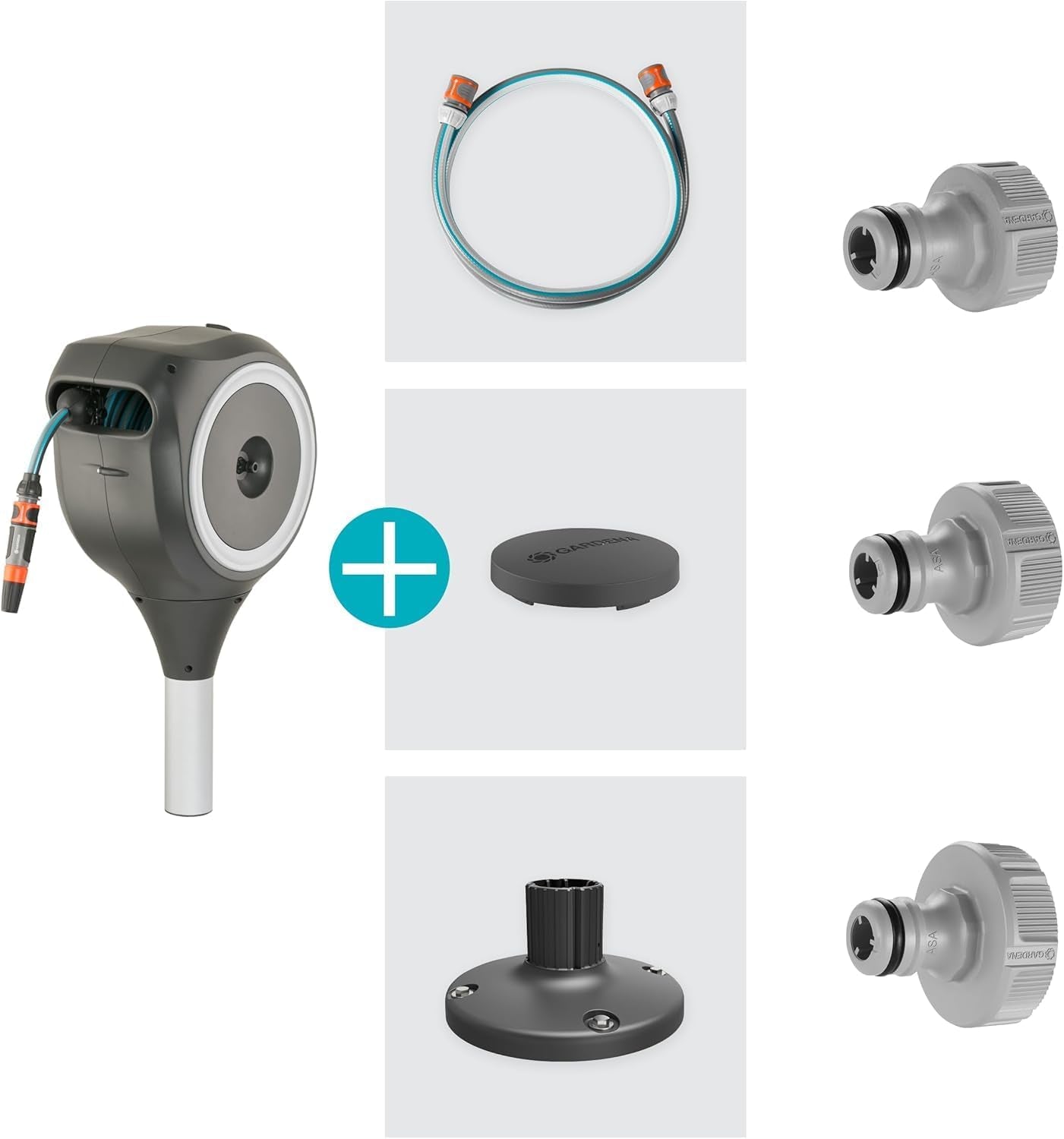 Cutie furtun terasă Gardena RollUp M: Cutie rezistentă la intemperii cu tehnologie de rulare și furtun de 20 m, pentru udarea grădinilor de dimensiuni medii cu terasă, înfășurare automată, albă (18615-20)