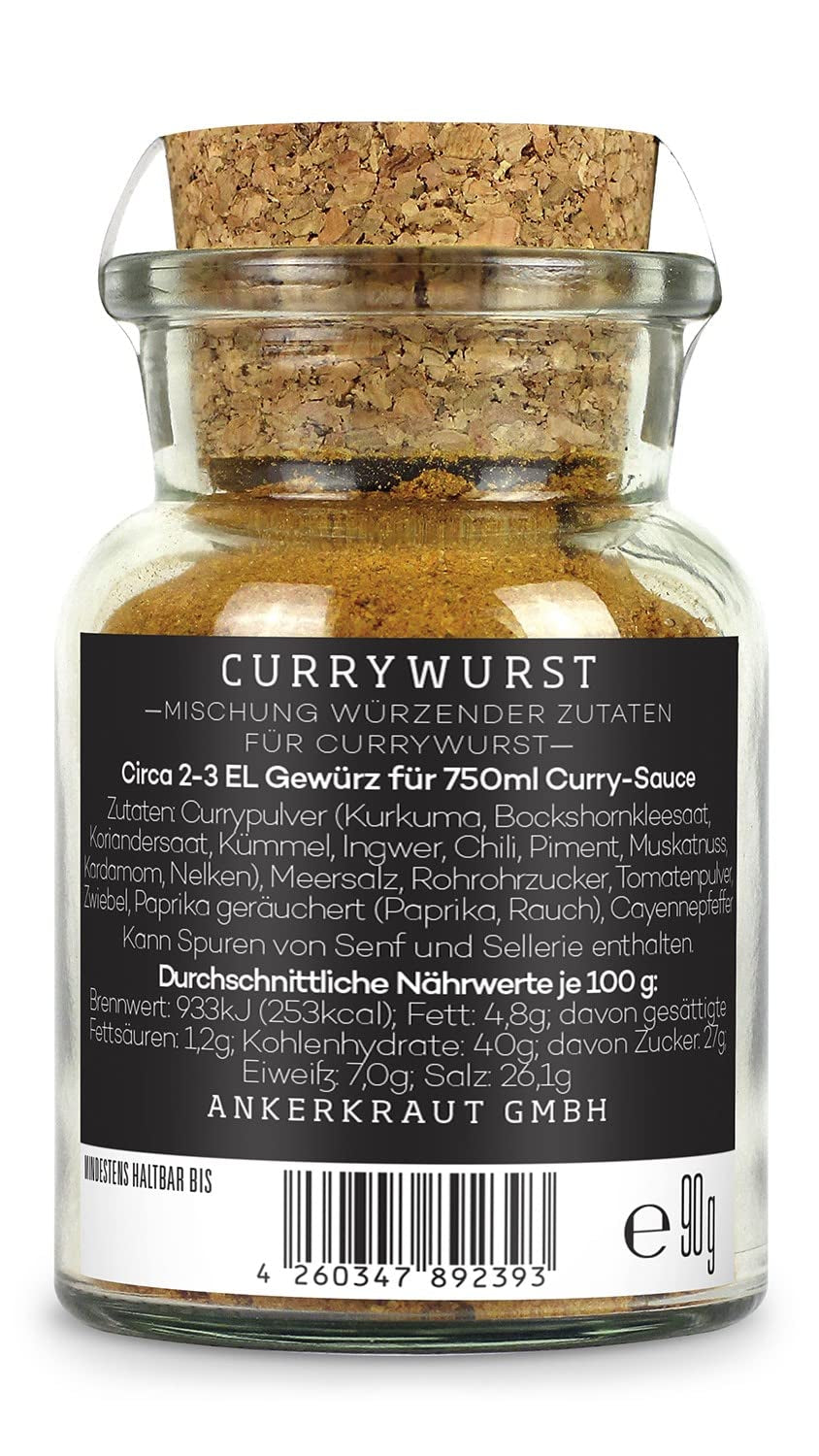 Ankerkraut Currywurst, 90g im Korkglas, Gewürzmischung zum Anmischen selbstgemachter Currywurst-Sauce oder als Topping