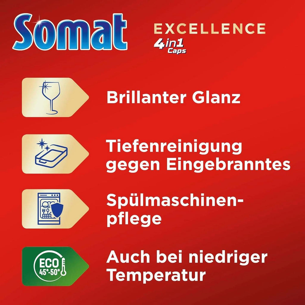 Somat Excellence 4In1 Caps (141 Caps), File pentru mașina de spălat vase cu dizolvare rapidă Detergenti Bucatarie Naty Shop