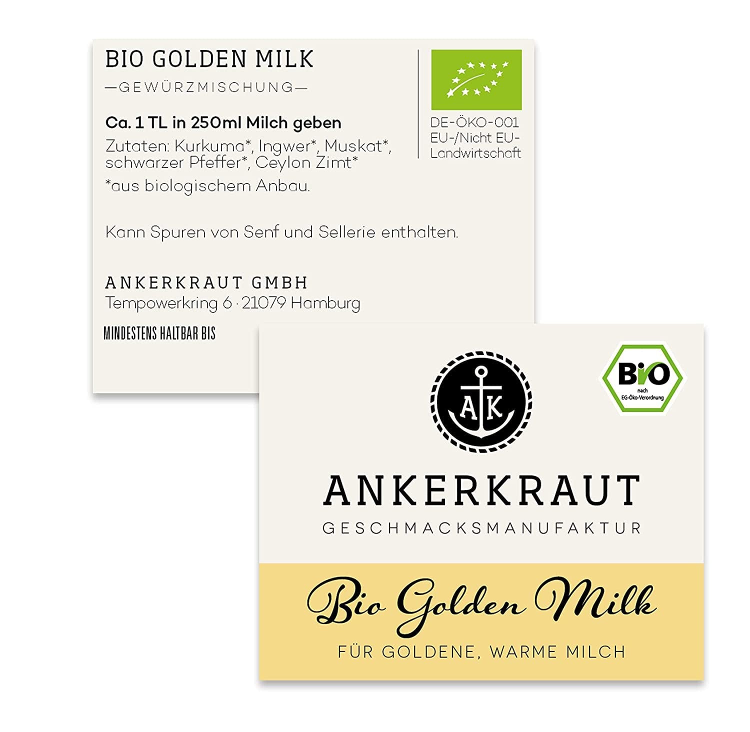 Ankerkraut Bio Golden Milk, Gewürz für goldene Milch, mit Kurkuma, Zimt und Ingwer, 75 g im Korkglas