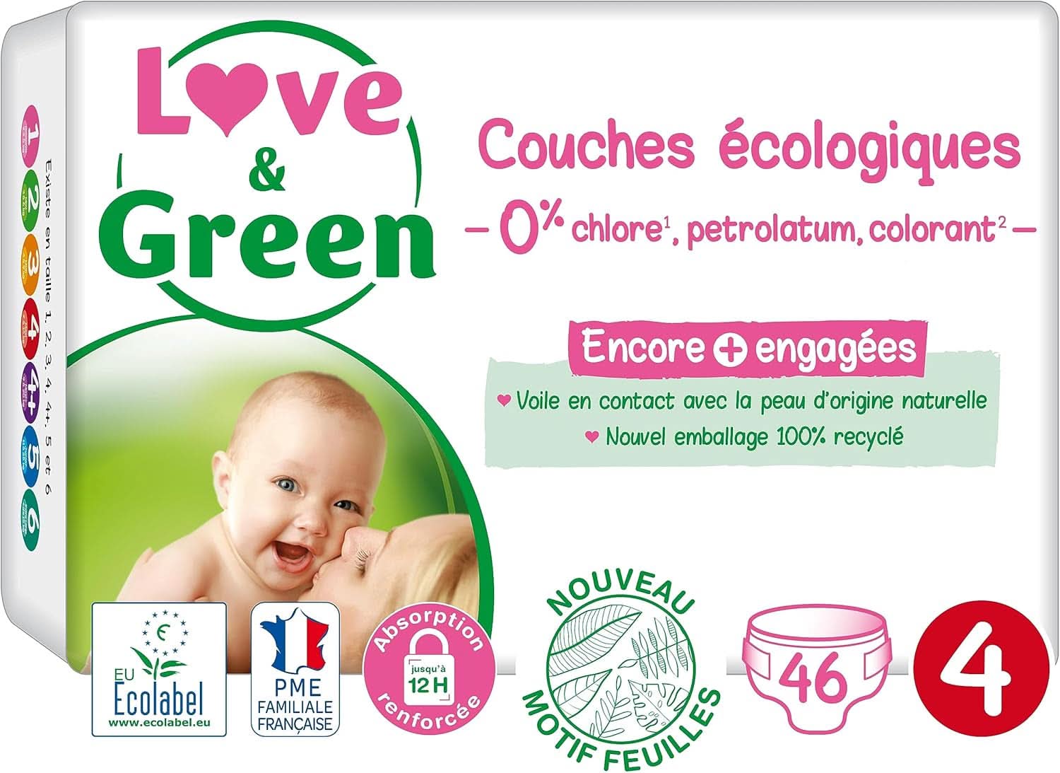 Love & Green, chlorfreie Windeln, Packung für 1 Monat, Größe 4 Mutter und Kind Naty Shop