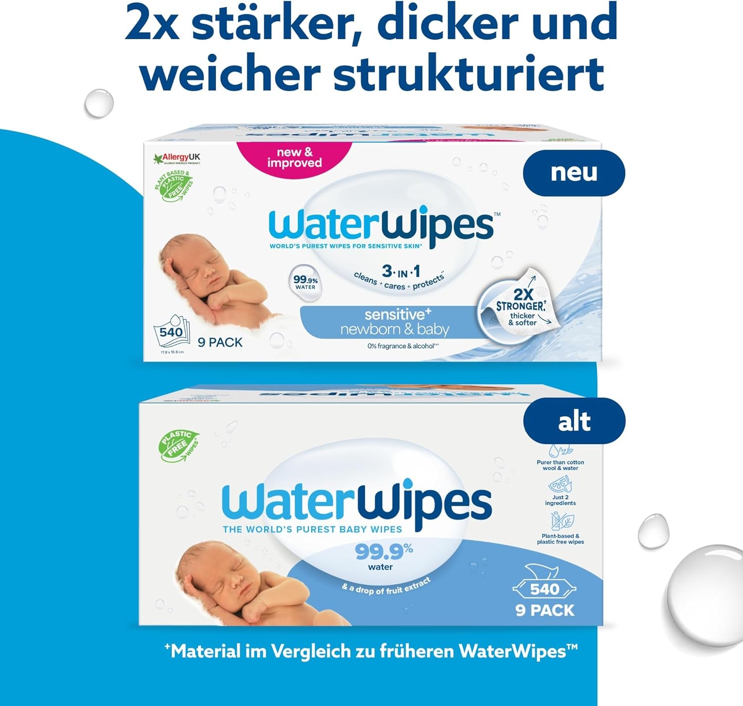 WaterWipes Sensitive+ Feuchttücher für Neugeborene und Babys, 540 Stück (9 Packungen), 3-in-1 Reinigung, Pflege, Schutz, 99,9 % Wasser, parfümfrei