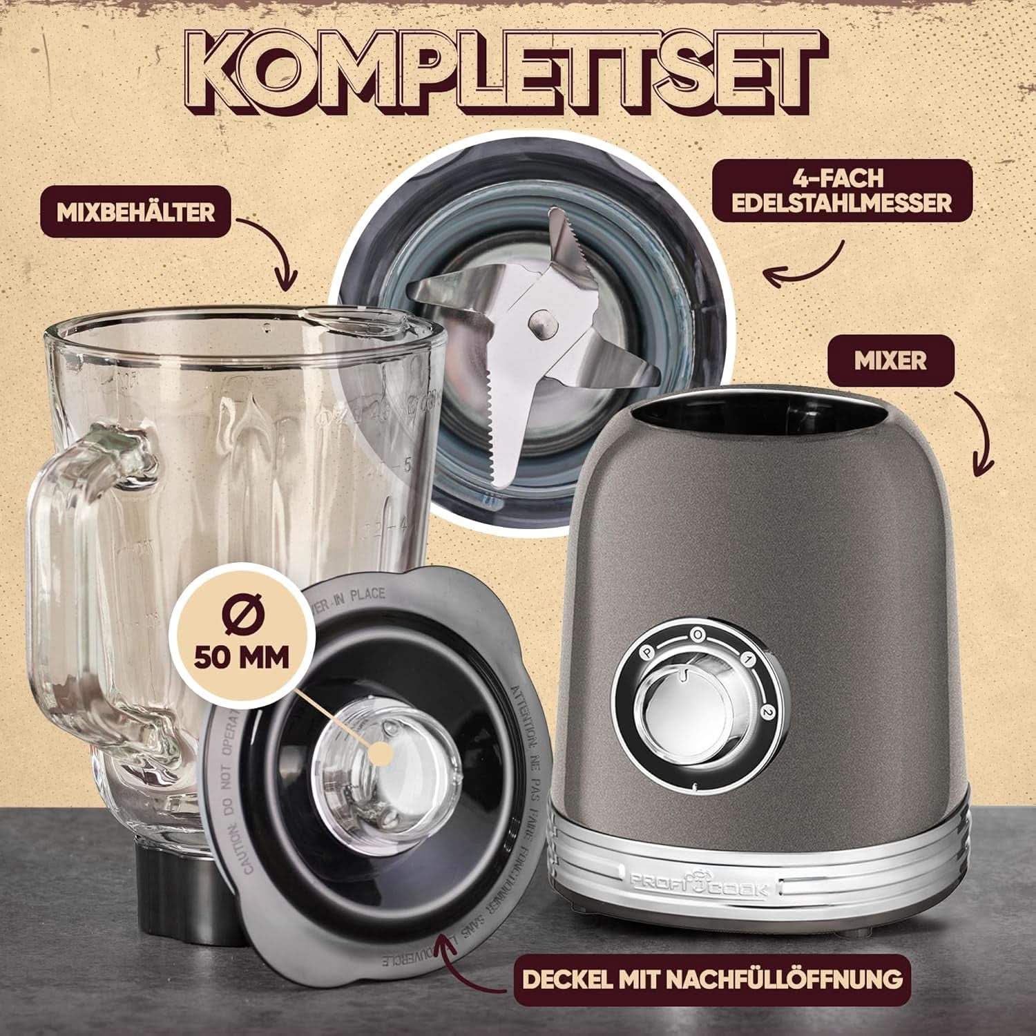 Proficook® Mixer Standmixer Mit Massivem 1,5L Glas-Behälter, Ice Crush & Turbo-Modus - Blender Mit 4Fach Piranha-Messer Aus Edelstahl - Hochleistungsmixer Mit Metallgehäuse 800W, PC UM 1195 Anthrazit Mama si Copilul Naty Shop