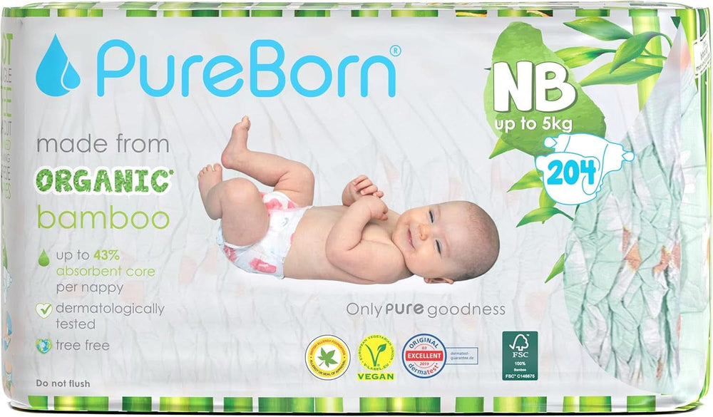 Pureborn Eco Bio-Bambuswindeln, Größe für Neugeborene bis 5 kg, ultraweich, hypoallergen, mit Feuchtigkeitsindikator, verschiedene Aufdrucke Mutter und Kind Naty Shop Neugeborene (204 Stk)
