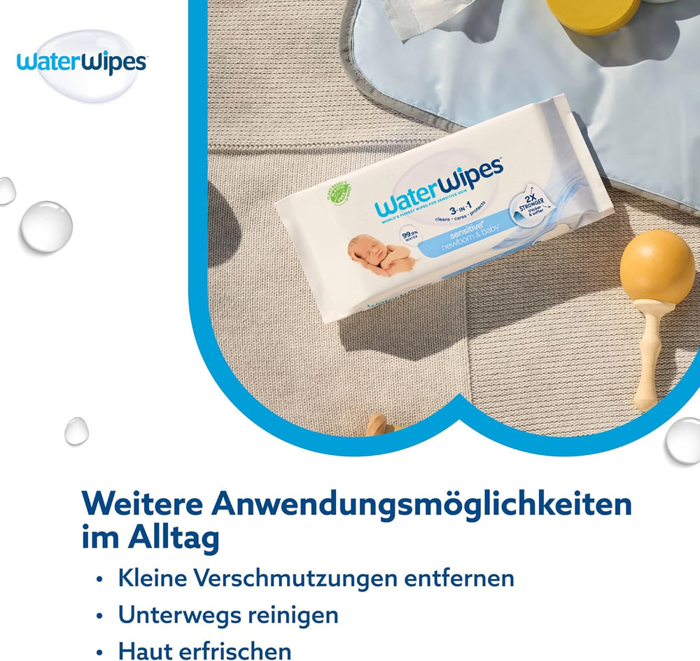 WaterWipes Sensitive+ Feuchttücher für Neugeborene und Babys, 540 Stück (9 Packungen), 3-in-1 Reinigung, Pflege, Schutz, 99,9 % Wasser, parfümfrei