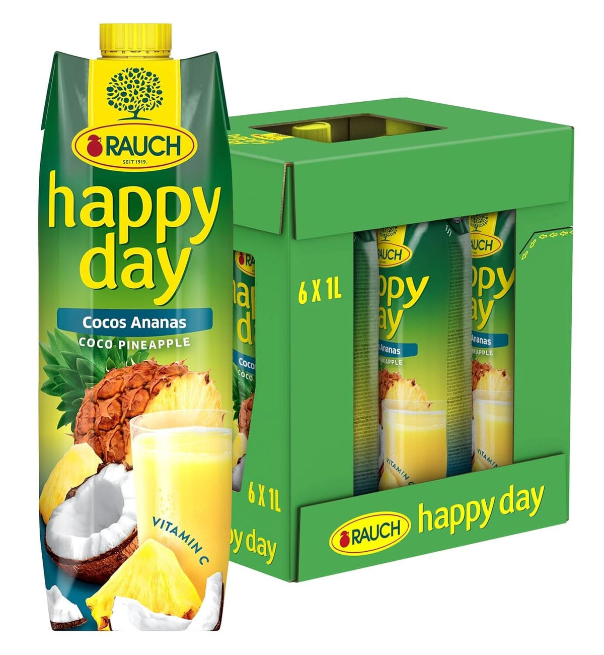Rauch Happy Day Kokos-Ananas | Eine Reise in die Karibik | Ananasfruchtsaft und Kokoswasser | 6 x 1 Liter, Tetra Prisma Alkoholfreie Getränke Naty Shop