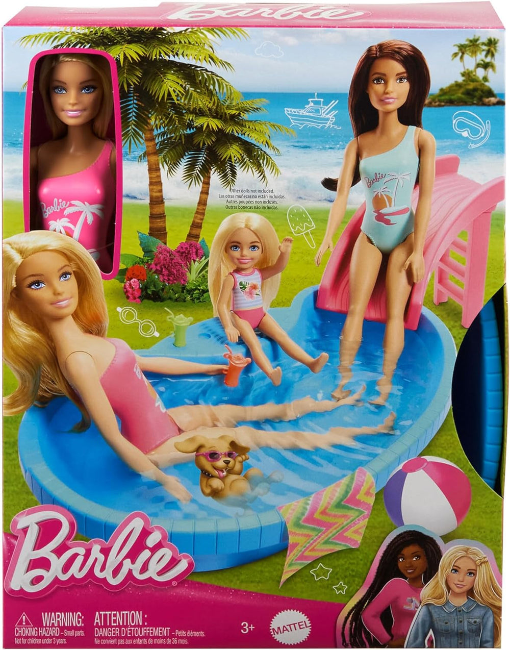 Barbie-Puppe und Zubehör – Pool mit Rutsche und Zubehör für stundenlangen Spaß in der Sonne, rosa Badeanzug mit tropischem Design, für Kinder ab 3 Jahren, HRJ74 Naty Shop Dollhouses