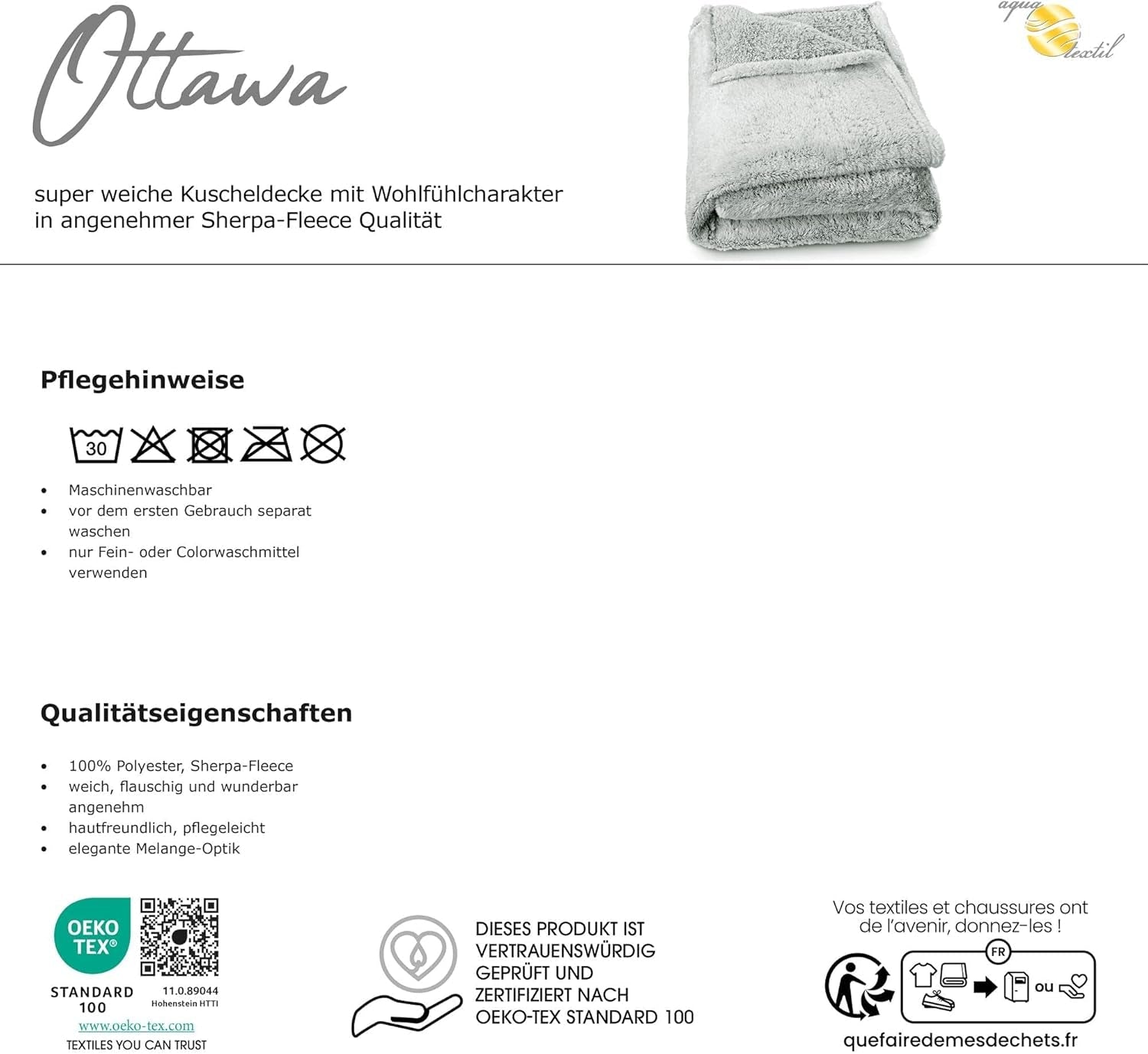 Aqua-Textil Flauschige Kuscheldecke 150 x 200 cm Grau Weiß Melange Plüsch-TV-Decke Tagesdecke Sherpa-Fleece Öko-Tex Ottawa Betten und Decken Besuchen Sie den aqua-textil-Store
