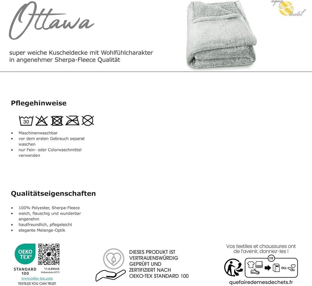 Aqua-Textil Flauschige Kuscheldecke 150 x 200 cm Grau Weiß Melange Plüsch-TV-Decke Tagesdecke Sherpa-Fleece Öko-Tex Ottawa Betten und Decken Besuchen Sie den aqua-textil-Store