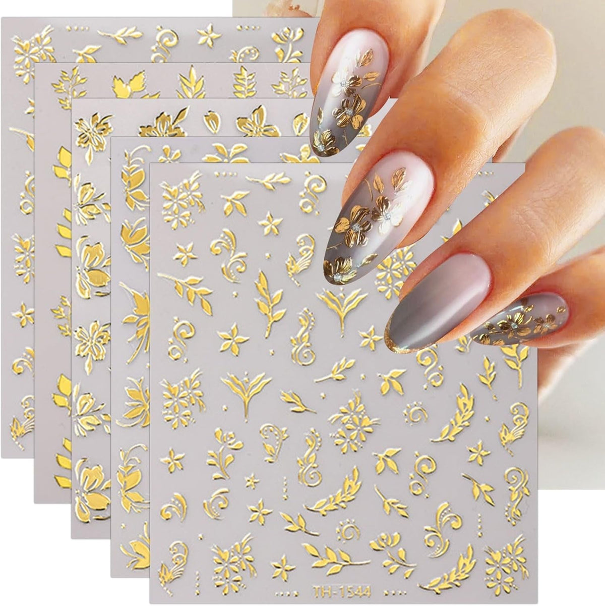 JMEOWIO Nagelsticker Goldene Blumen 8 Blatt Nail Art Sticker Selbstklebend Nagelaufkleber Dekoration Nageldesign Zubehör