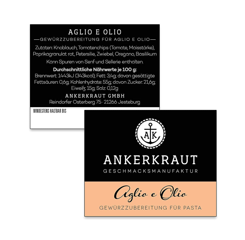 Ankerkraut Aglio e Olio, italienische Gewürzmischung für Pasta und klassische Spaghetti-Nudeln, 120g im Aromabeutel