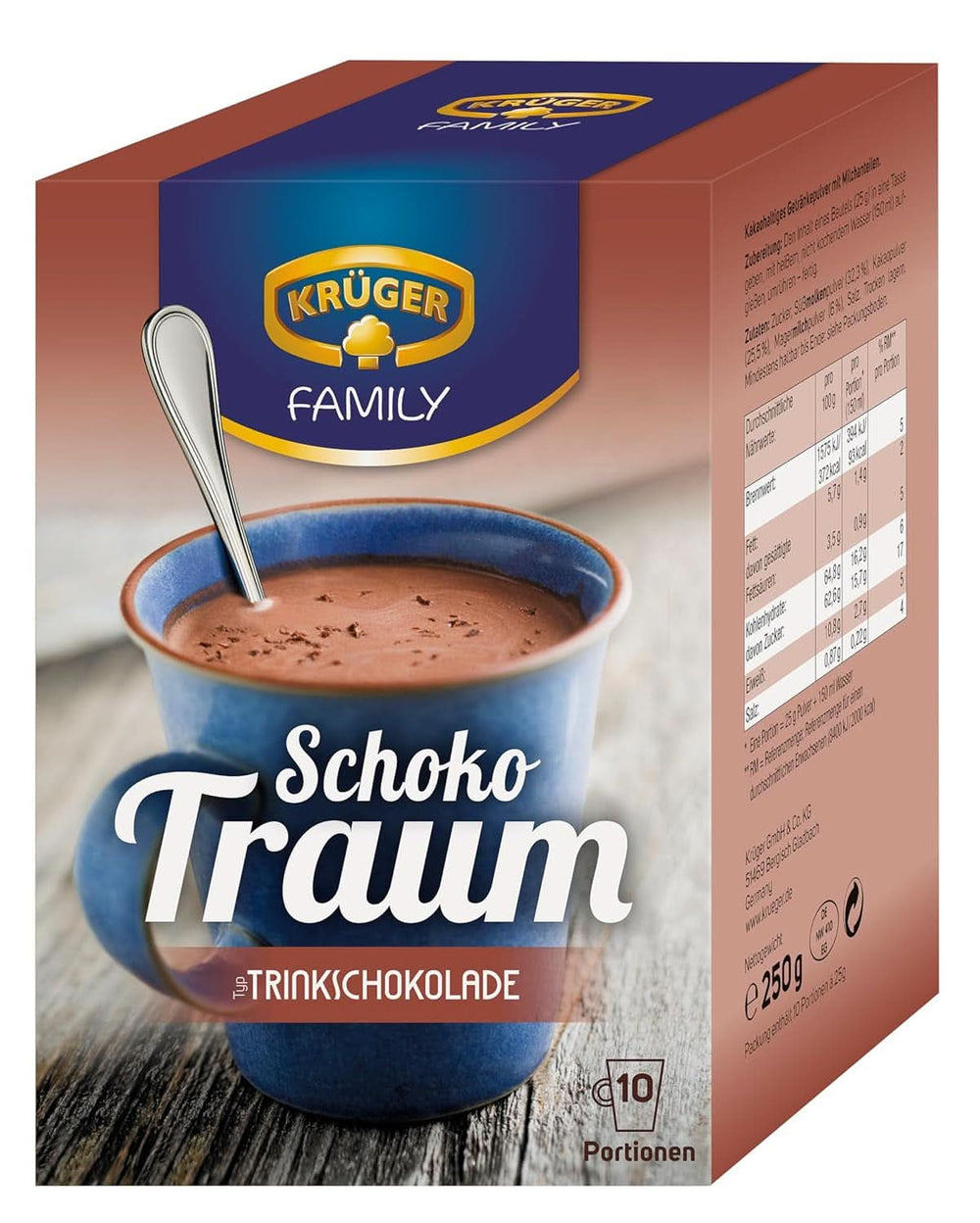 KRÜGER Family, Kakaopulver für heiße Schokolade, 8 Schachteln x 10 Beutel, 8 x 250 Gramm Kakao und heiße Schokolade Naty Shop