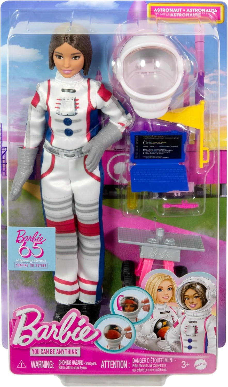Păpușă Barbie aniversară de 65 de ani și 10 accesorii, set astronaut cu păpușă brunetă, rover cu roți, cască spațială cu vizieră schimbătoare și multe altele, HRG45