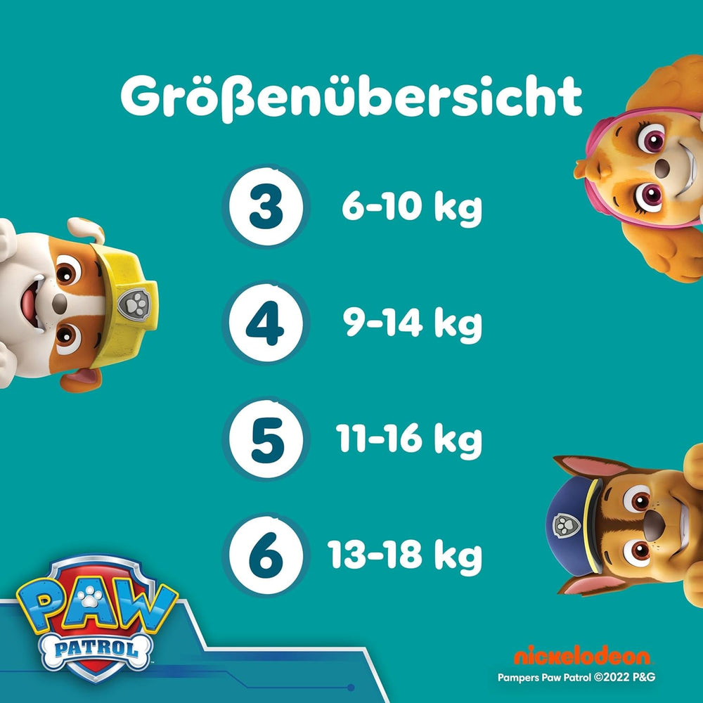 Pampers Baby-Dry Puppy Patrol Edition Windeln, Größe 4, 222 Windeln, 9 kg – 14 kg, bis zu 100 % Auslaufschutz und Komfort die ganze Nacht