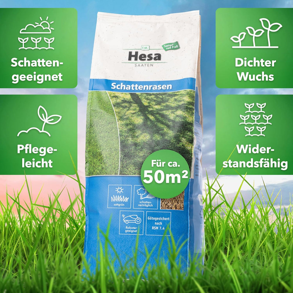 Hesa Schattenrasen RSM 7.4, 1Kg Für Ca 50 M², Premium Rasensamen, Zierrasen Für Schatten, Halbschatten Und Auch Vollsonne, Grassamen in Profiqualität